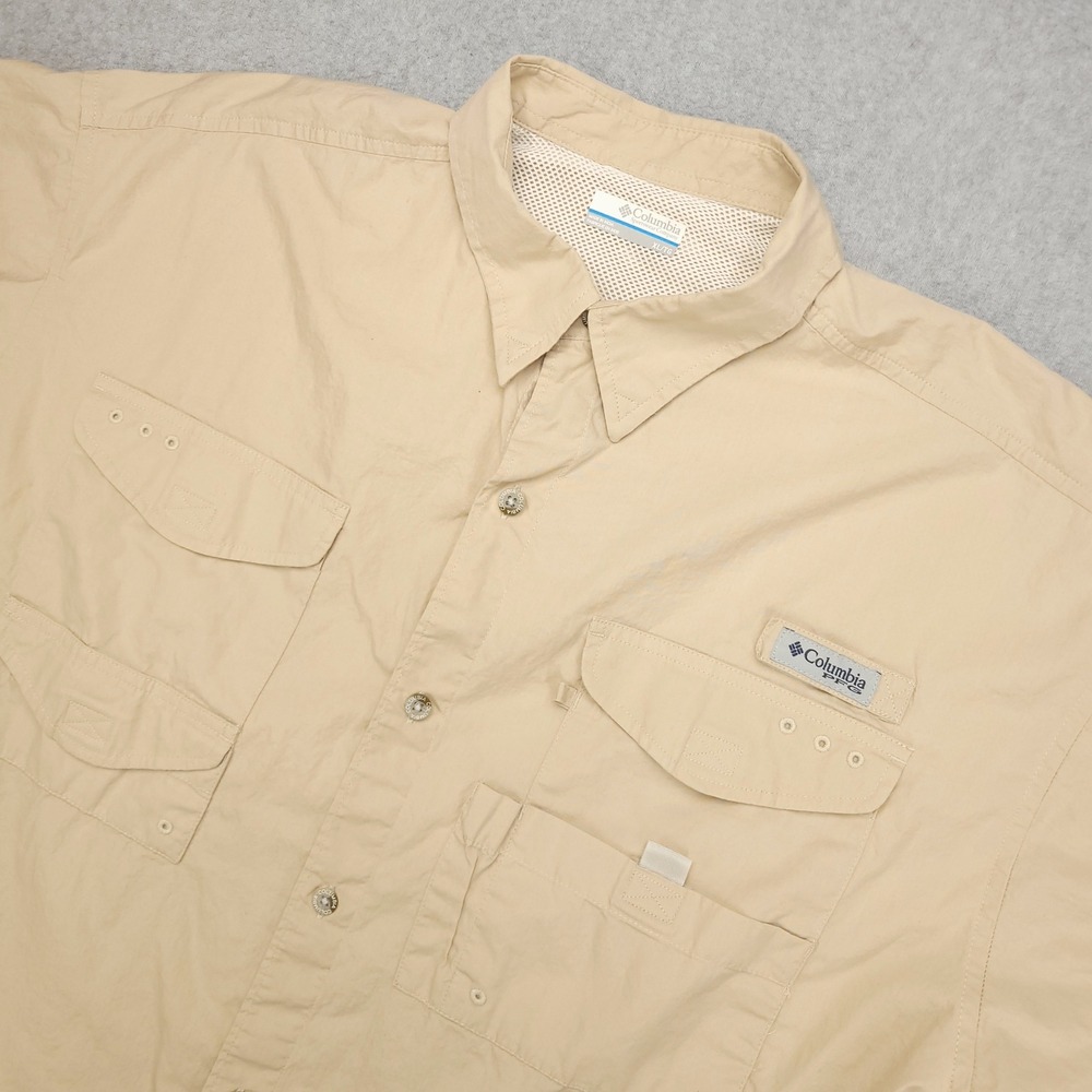 Columbia PFG Mens XL Fishing Shirt Tan Short Sleeve‎ Vent Tech Cotton